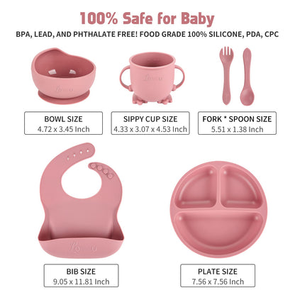 Losecu Silicone Feeding Set|Baby Led Weaning Supplies|Suction Plate Bowl Set with Bib, Spoon, Fork, Sippy Cup|Feeding Eating Supplies BPA Free