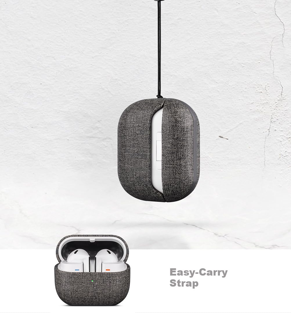 LOPIE Case for Samsung Galaxy Buds 3 / Buds3 Pro/Samsung Buds 3 FE Case Cover with Lanyard - Made of Vegan Leather - Canvas Style - Handmade Drop Protection Hard Shell Cover - Gray