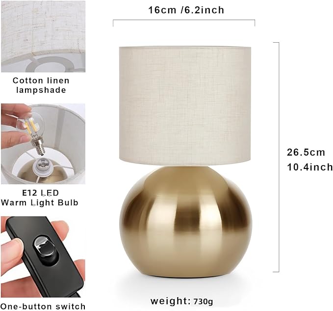 Modern Small Table Lamp Set of 2, Minimalist Nightstand Bedside Lamps with One-Button Inline Switch, 10.4 Inch Desk Light for Bedroom, Living Room,Including Light Bulb（Golden）