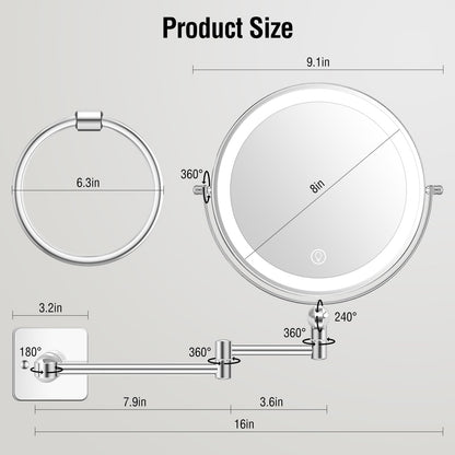 Lighted Makeup Mirror, Rechargeable Height Adjustable Double Sided, 1x/10x Magnifying with 3 Color, Brightness Adjustable, 360° Rotation Vanity, Gift for Women