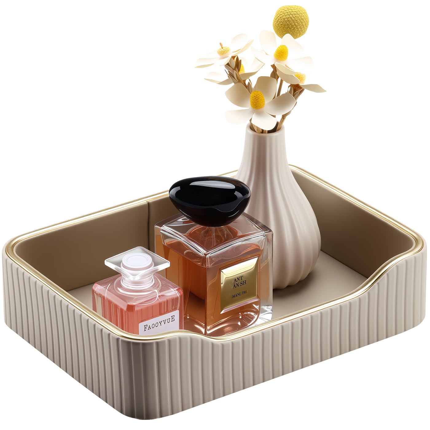 KINGFOM Prefume Tray, PU Leather Valet Tray Nightstand Organizer Trays for Men Women, Table Centerpieces Decorative Vanity Trays, Desk Organizer Tray for Key Jewelry Cosmetics (Beige)