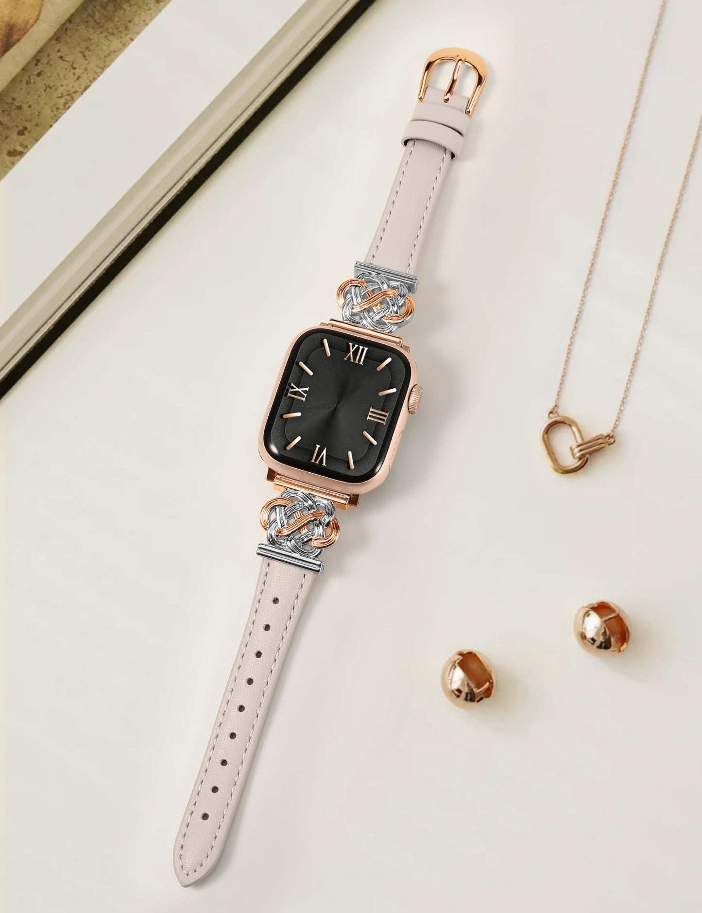 Minyee Celtic Knot Leather Band Compatible with Apple Watch Band 38/40/41/42mm Women, Elegant Interlock Buckle Thin Premium Leather Strap for iWatch Series 11 10 9 Ultra SE 8 7 6 5 4 3 2 1, Starlight