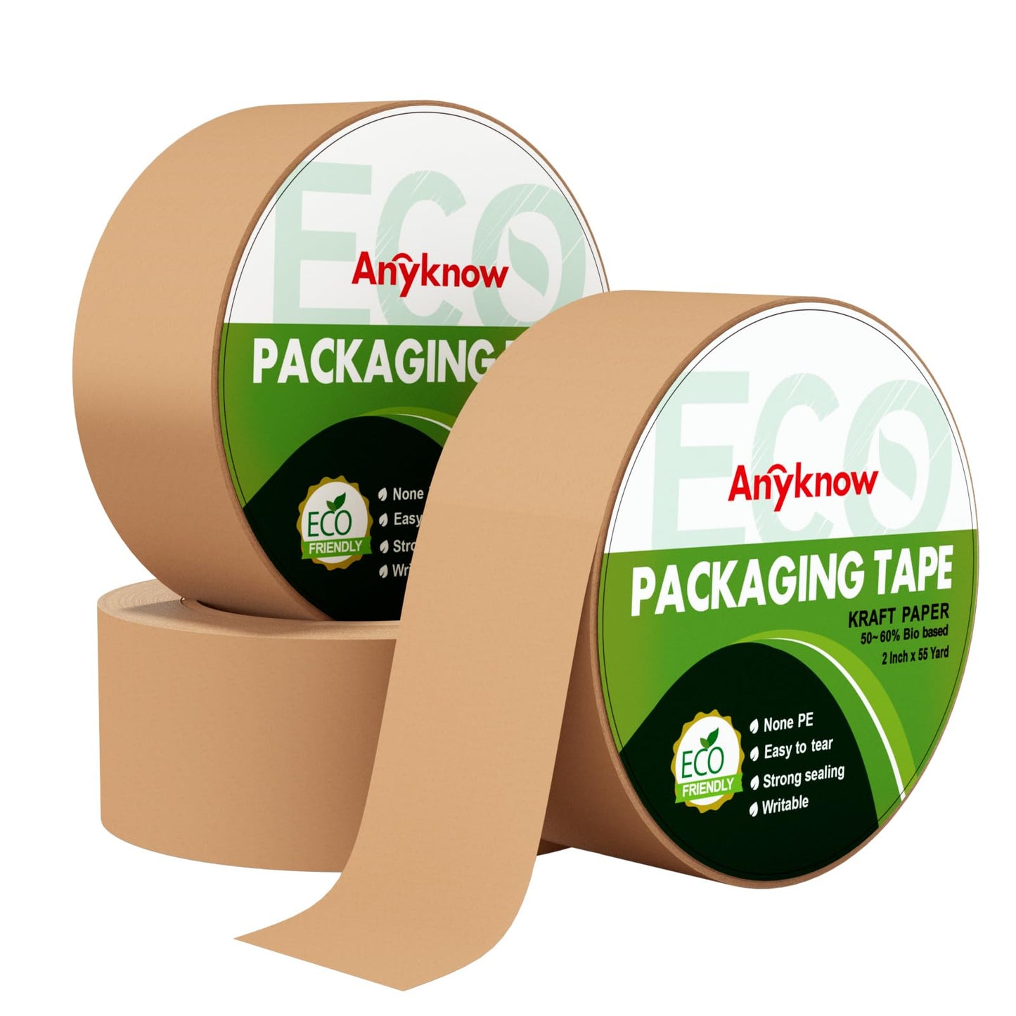 Anyknow Eco Friendly Moving Tape (3 Pack), 2 Inch x 55 Yards, Strong Self-Adhesive Kraft Paper Tape for Boxes, Writable & Hand Tearable, Natural Rubber Brown Shipping Tape, Plastic-Free