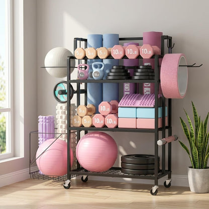 GloCryp Home Gym Storage Rack, Multi-functional Workout Equipment Storage for Dumbbells, Kettlebells & Yoga Mats, Heavy Duty Weight Rack for Home Garage Gym, Rolling Fitness Equipment Organizer with Hook