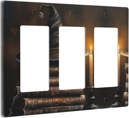 Decorative Art Light Switch Covers Wizard’s Hat & Spellbooks 3 Gang Triple Rocker Outlet Switch plate GFCI Faceplate GFCI for Home Decor