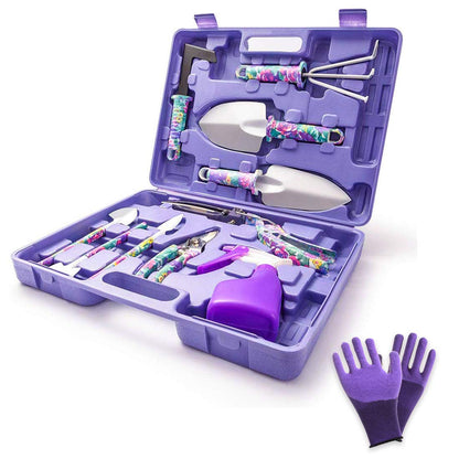 WISDOMLIFE Garden Tools Set, 11 Pieces Gardening Gifts with Purple Floral Print, Ergonomic Handle, Trowel, Rake, Shovels, Pruner, Shears, Sprayer, Gloves, Garden Hand Tools with Carrying Case