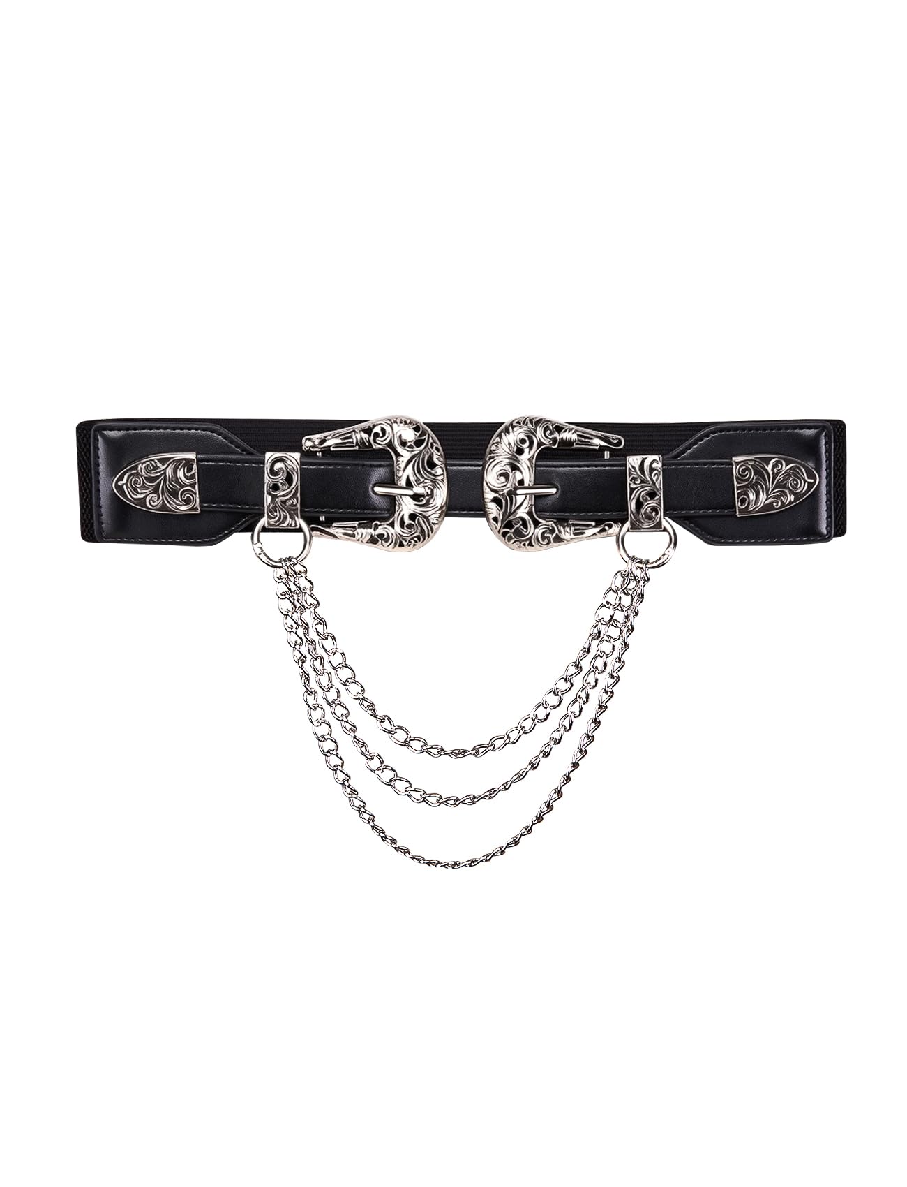 Dubulle Womens Belt Silver Black Chain Leather Belts Vintage Western Adjustable Elastic Double Buckle for Cowboy Pant Dress
