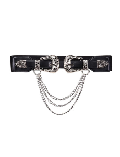 Dubulle Womens Belt Silver Black Chain Leather Belts Vintage Western Adjustable Elastic Double Buckle for Cowboy Pant Dress