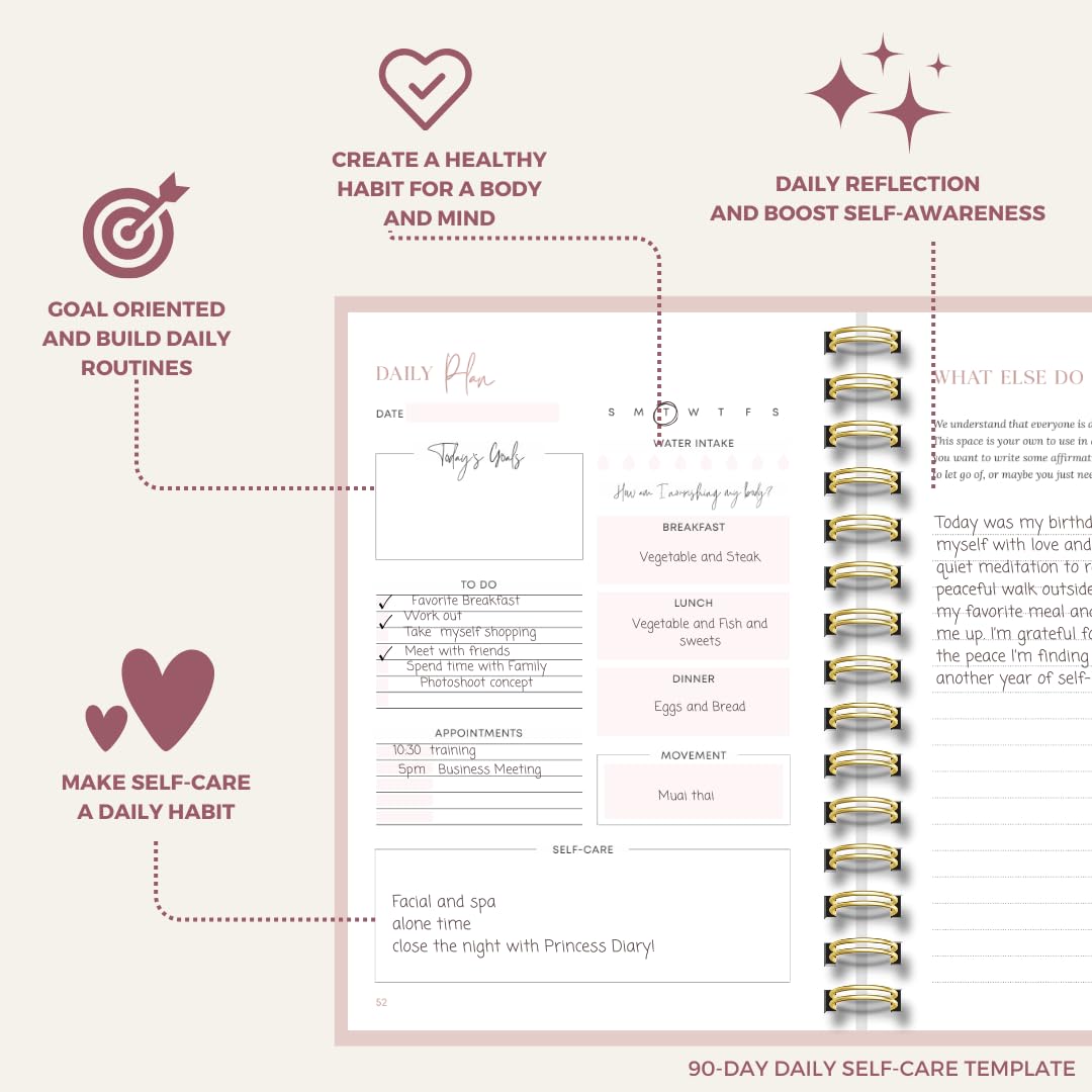 Daily Self Care Journal for Women - A5, Wellness Journal with Prompts - Goal Journal for Happiness,Mindfulness,Productivity & Personal Development - Reduce Stress & Improve Mental Health - Pink