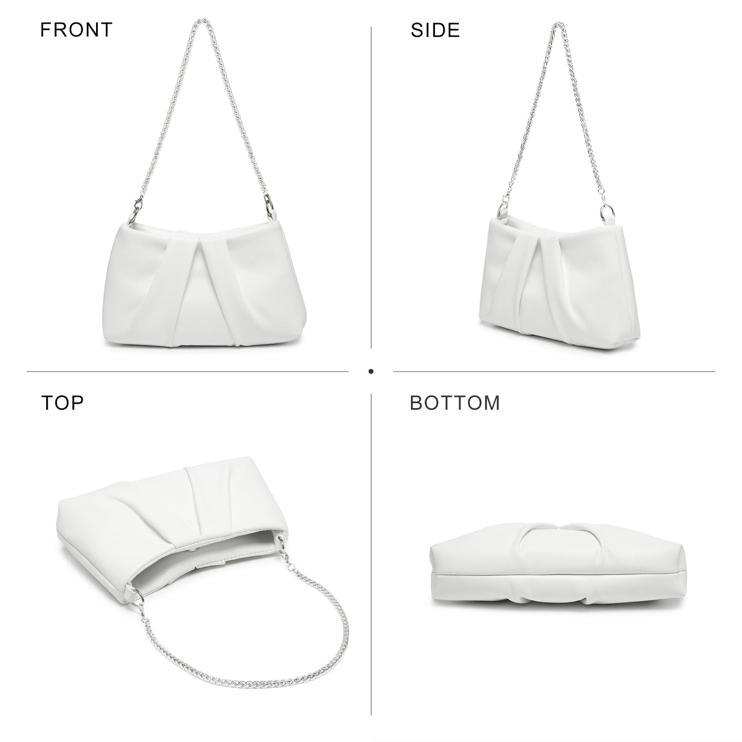 Dasein Elegant Pleated Evening Bag Soft Vegan Leather Clutch Purse Dressy Formal Handbag with 2 Chain Straps for Women (White)