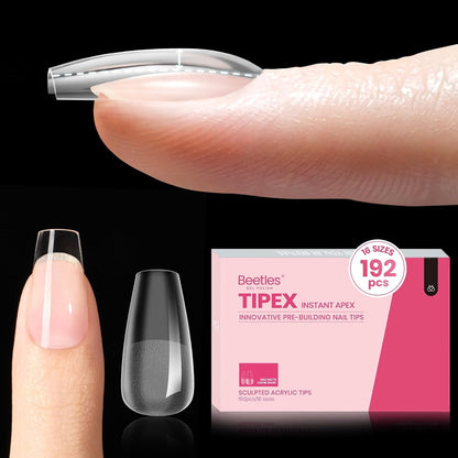 Beetles Tipex Gel Nail Kit, Medium Almond Nail Tips 224 Pcs 16 Sizes Pre-Building Pre-Etched Thick Acrylic Tips with Tipex Glue, Mini Lamp