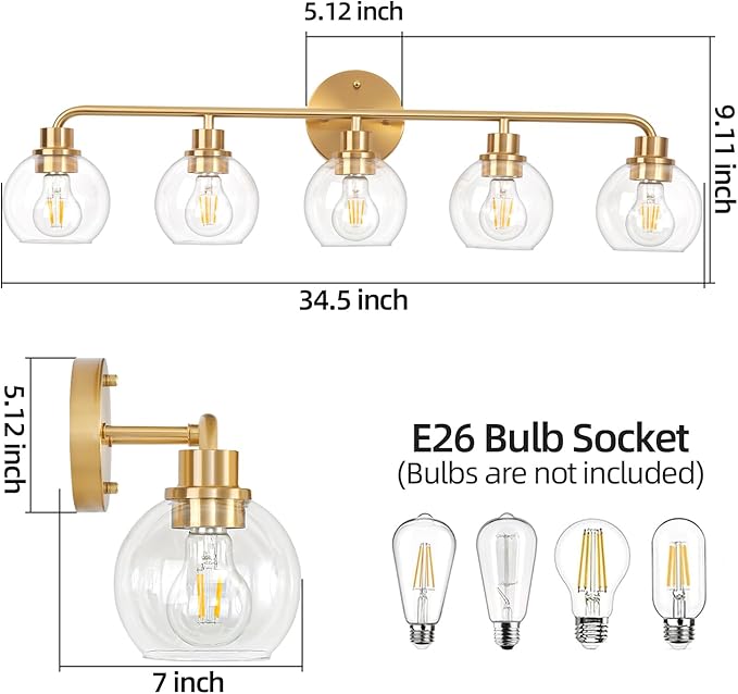Bathroom Light Fixtures Gold Vanity Light 5 Light Wall Sconces Lighting Brushed Brass Lights with Clear Globe Glass Shades Bath Wall Lamp for Mirror Kitchen Living Room Bedroom Hallway