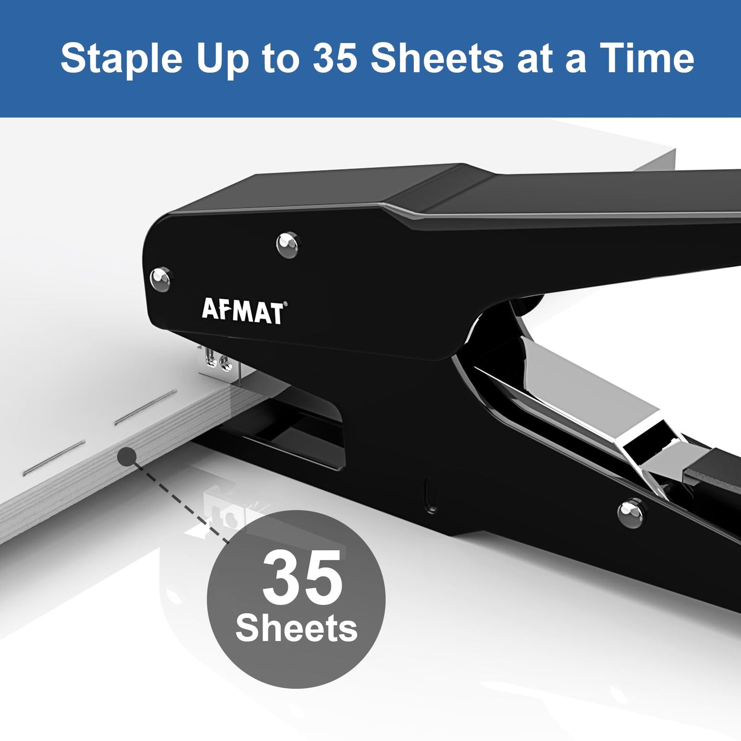 AFMAT Effortless Plier Stapler, Metal 35 Sheet Stapling Plier, 15000+ Stapling Times, with Staples & Reload Button, Handheld Stapler Heavy Duty, Space Save Size, Good for Office, Home, School, Black