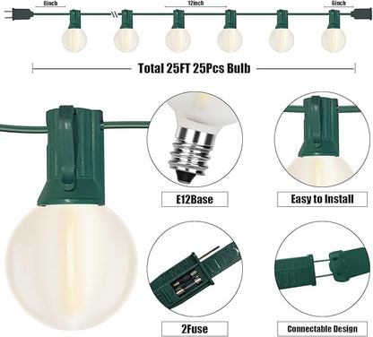Abeja 25Ft Frosted White String Lights, G40 Globe Patio String Lights with 27 Frosted White Bulbs, Vintage Backyard Patio Lights for Backyard Porch Balcony Party Wedding Umbrella- Green Wire