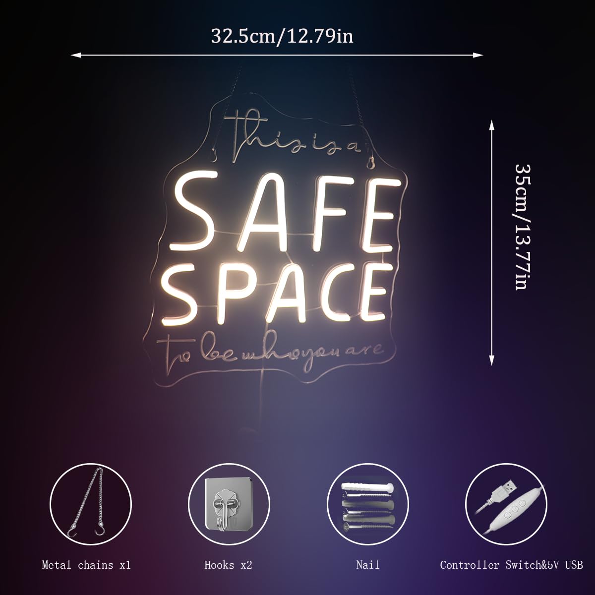"This Is A Safe Space To Be Who You Are" Neon Sign, Positive Quotes Decorative Neon Lights for Home Room Wall Decor, Kids Room Wall Hanging Banners, Playroom Wall Decor Neon Light Sign(warm white)