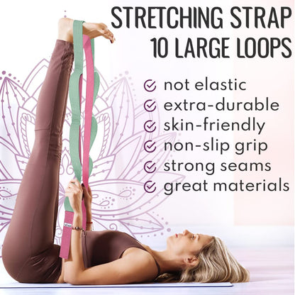 [NEW 2023] TECEUM Yoga Stretching Strap 10 Loops Non-Elastic Strap - Home Workout Stretch Strap for Physical Therapy, Yoga, Pilates cttn 1.5 in LM