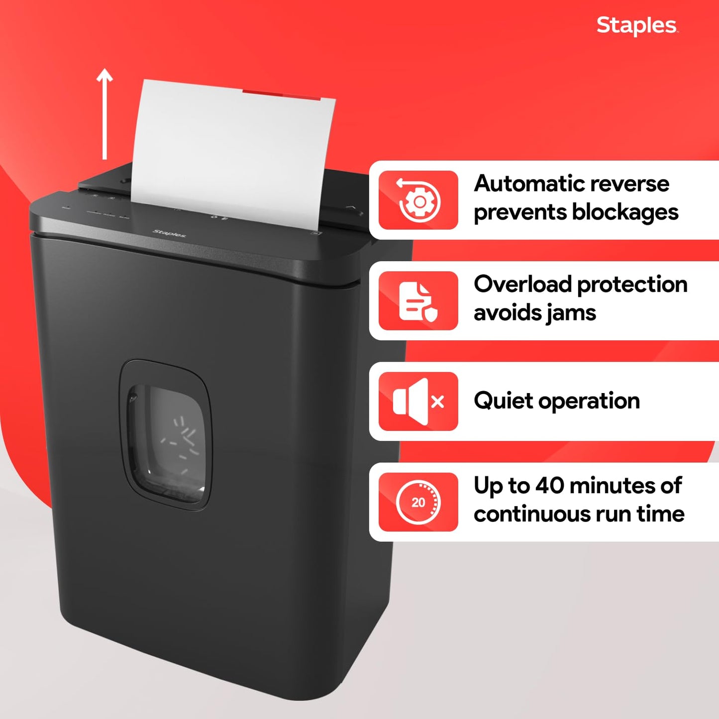Staples 24-Sheet Cross-Cut Paper Shredder, High-Capacity Office Shredder, Shreds Paper/Credit Cards/CDs, 7.4 Gallon, Black