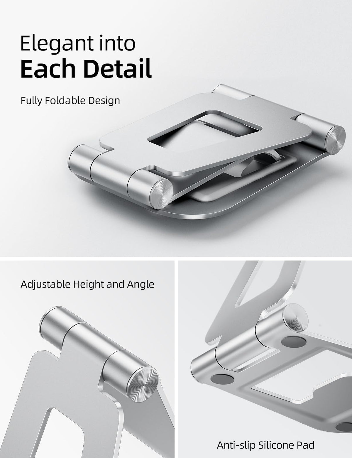 Nulaxy Aluminum Dual Foldable iPad Stand, Fully Adjustable Desktop Tablet Holder, Tablet Accessories for Office Kindle Compatible with Mobile Devices iPad Pro/Air/Mini, iPhone Pro/Max/Plus, Gray