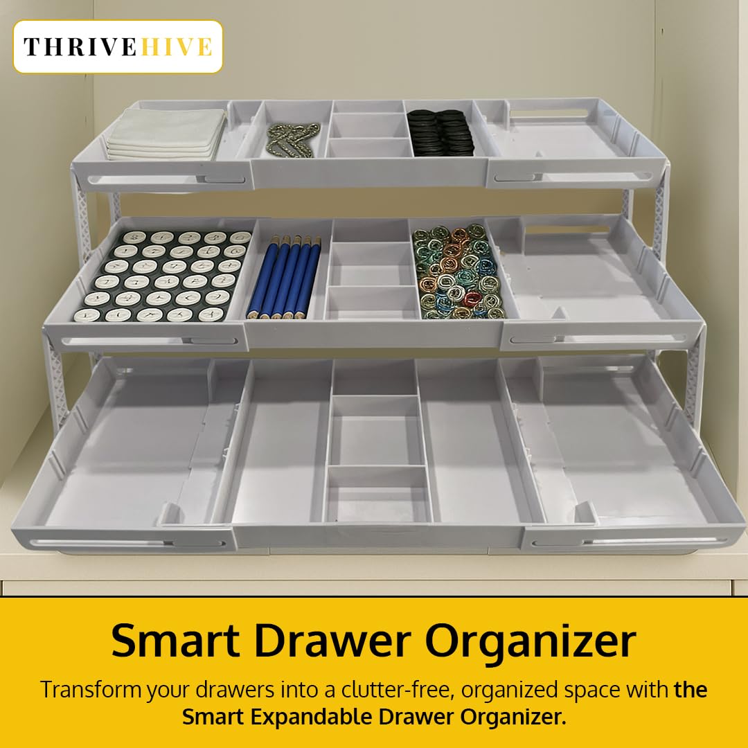 3 Tier Drawer Organizer, Multi Level Smart Drawer Organizer for Desk, Expandable Organizer for Office, Makeup, Jewelry, Kitchen, Folding Storage for Home and Office Drawers & Craft Organizer – White