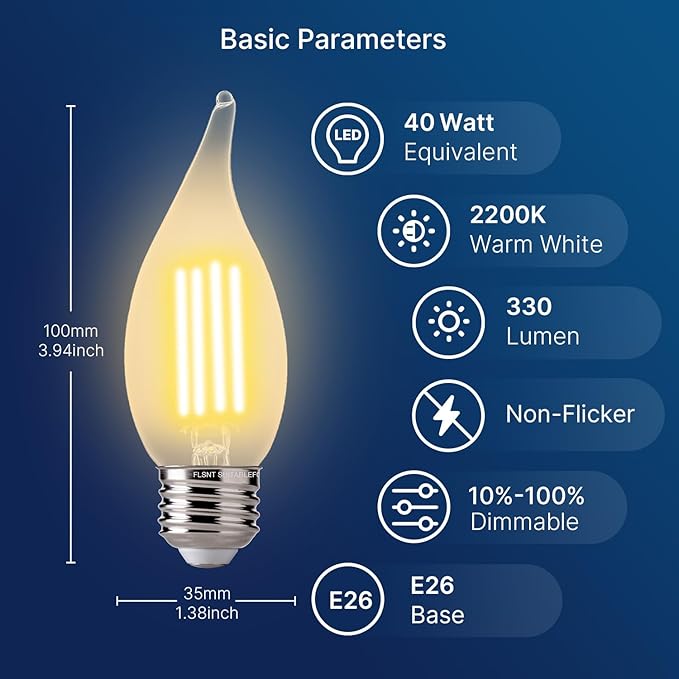 FLSNT CA11 E26 LED Candelabra Bulbs, Dimmable LED Chandelier Light Bulbs, 40W Equivalent, 2200K Warm White Light, 330LM, Amber Glass Finishing, 6 Pack UL,CA65 Listed.