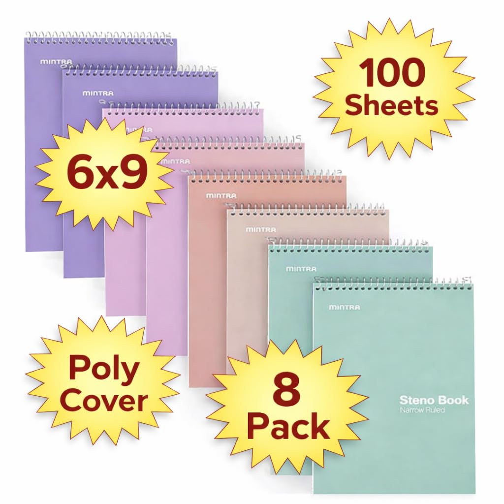 Mintra Office Steno Books Set - Top-Spiral Bound, Narrow Ruled, 100 White Tint Sheets, Pastel Covered Notebooks for Office & School, Colorful Lavender, Sage, Salmon, Spring Pink,6"x9", 8 Pack