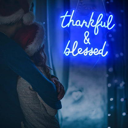 Thankful and Blessed Neon Sign Thanksgiving Led Sign Blessed Neon Lights Blue Light up Sign USB Powered Switch Neon Signs for Wall Decor for Wedding Decoration Birthday Party Girls Decor