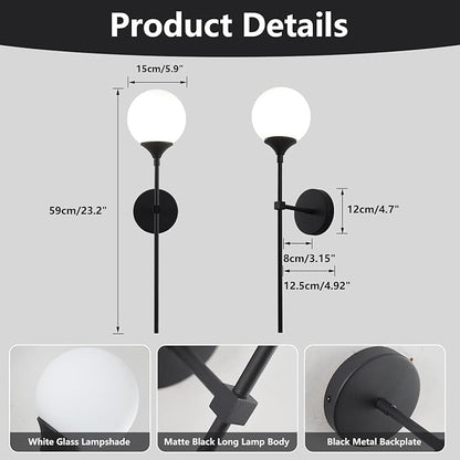 KCO Lighting Farmhouse Matte Black Wall Sconce Set of 2 Vintage Milk White Glass Globe Wall Light Mid Century Modern Bathroom Vanity Light Set of Two Industrial Bar Wall Lamp