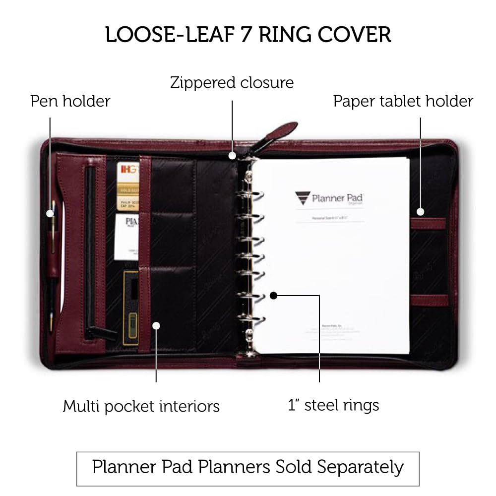 Planner Pad 7 Ring Loose Leaf Personal Size Cover, Fits 6 ¾” x 8 ½” Size Planner Pad Pages Only, Cowhide Leather, Burgundy