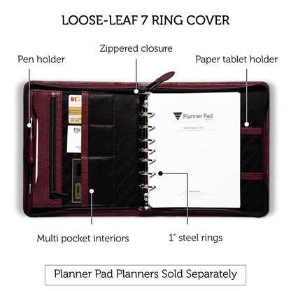 Planner Pad 7 Ring Loose Leaf Personal Size Cover, Fits 6 ¾” x 8 ½” Size Planner Pad Pages Only, Cowhide Leather, Burgundy