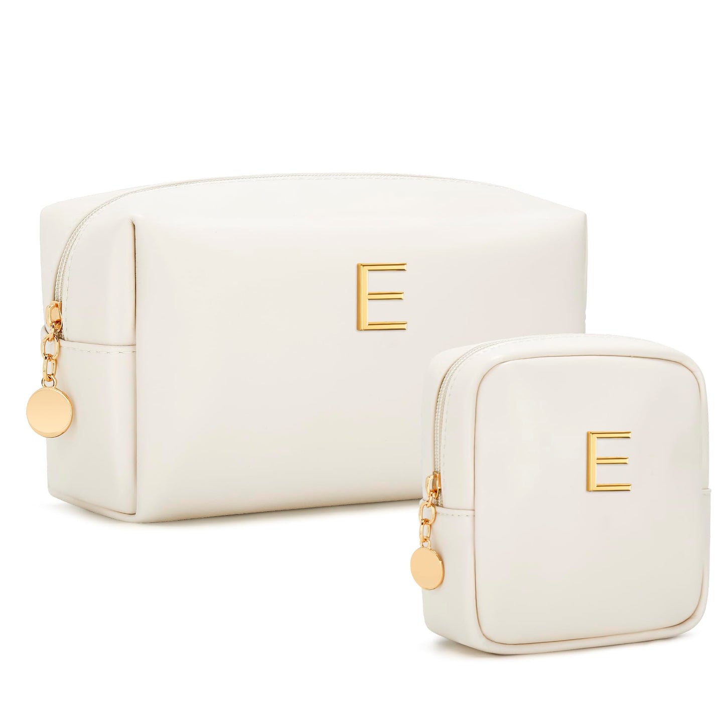 CLOUDWINGS Personalized Birthday Gifts for Women - Initial Makeup Bag Set Travel Toiletry Bag Cosmetic Bags Soft Waterproof PU Leather Makeup Pouch Travel Essentials (E, 2pcs Beige)