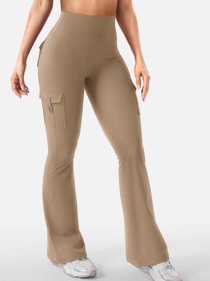 YEOREO CoreFlex Women Workout Flare Leggings with Pockets Hidden Scrunch High Waisted Cargo Gym Yoga Leggings Light Brown M