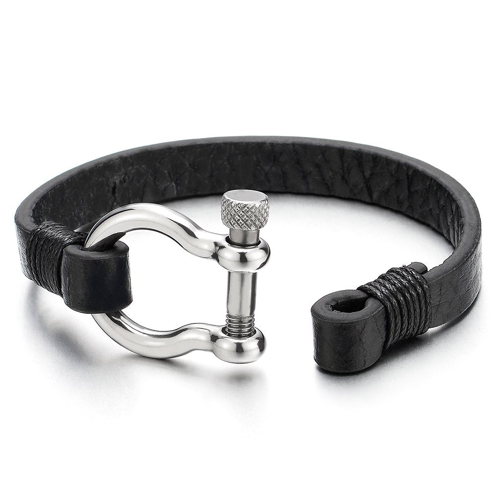 COOLSTEELANDBEYOND Nautical Anchor Black Leather Bracelet for Men and Women, Stainless Steel Screw Shackle, Leather Wrap Wristband, Sailing, Maritime, Ocean-Inspired Jewelry