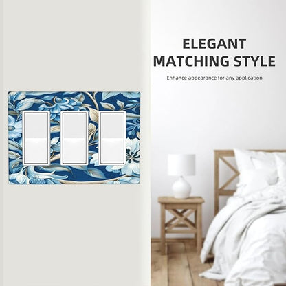 Blue Flowers Branches Leaves Floral Pattern 3 Gang Rocker Triple Outlet Wall Plate Decorative Switchplate Cover Faceplate GFCI Light Switch Covers for Farmhouse Living Decor