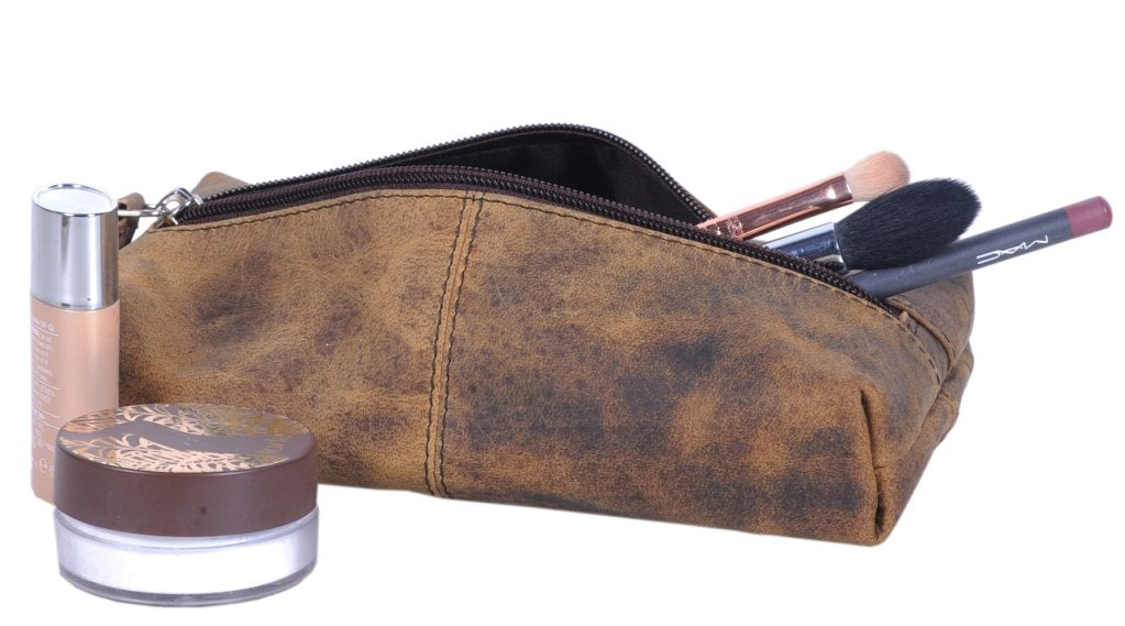 KomalC Genuine Buffalo Leather Zip-Lock Cosmetic & Pencil Pouch – Versatile Makeup and Stationery Case