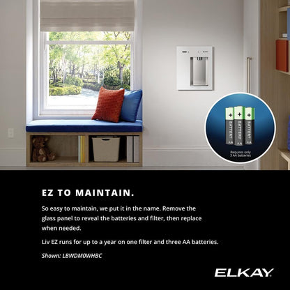 Elkay Liv EZ LBWDM0WHBC Built-in Filtered Wall-Mount Water Dispenser – Battery Powered, NSF Certified, Push Button, Reduces Lead & PFAS, Aspen White, Non-Refrigerated – Ideal for Home