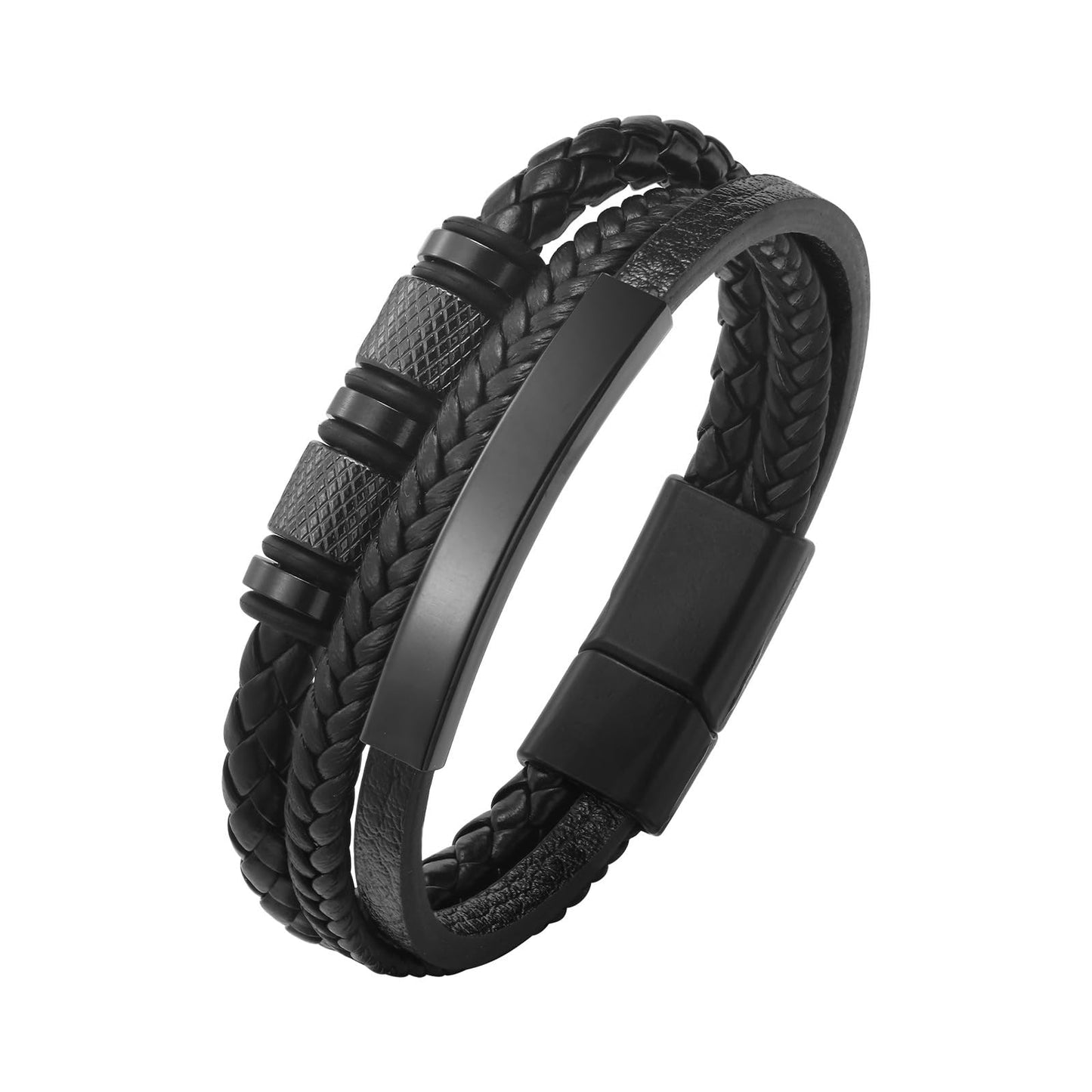 Kim Carrey Italian Handmade Genuine Leather Bracelets for Men Stainless Steel Clip, Men's Casual Genuine Multi-layer Cuff Bracelet, Bracelet Gift for Real Men (Pure Black)