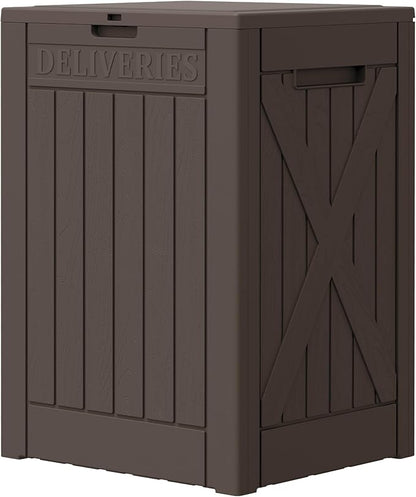 Greesum 52 Gallon Large Outdoor Package Delivery Box for Porch, Lockable Secure Double-Wall Resin Storage Box, Waterproof Deck Box for Package Protection, Brown