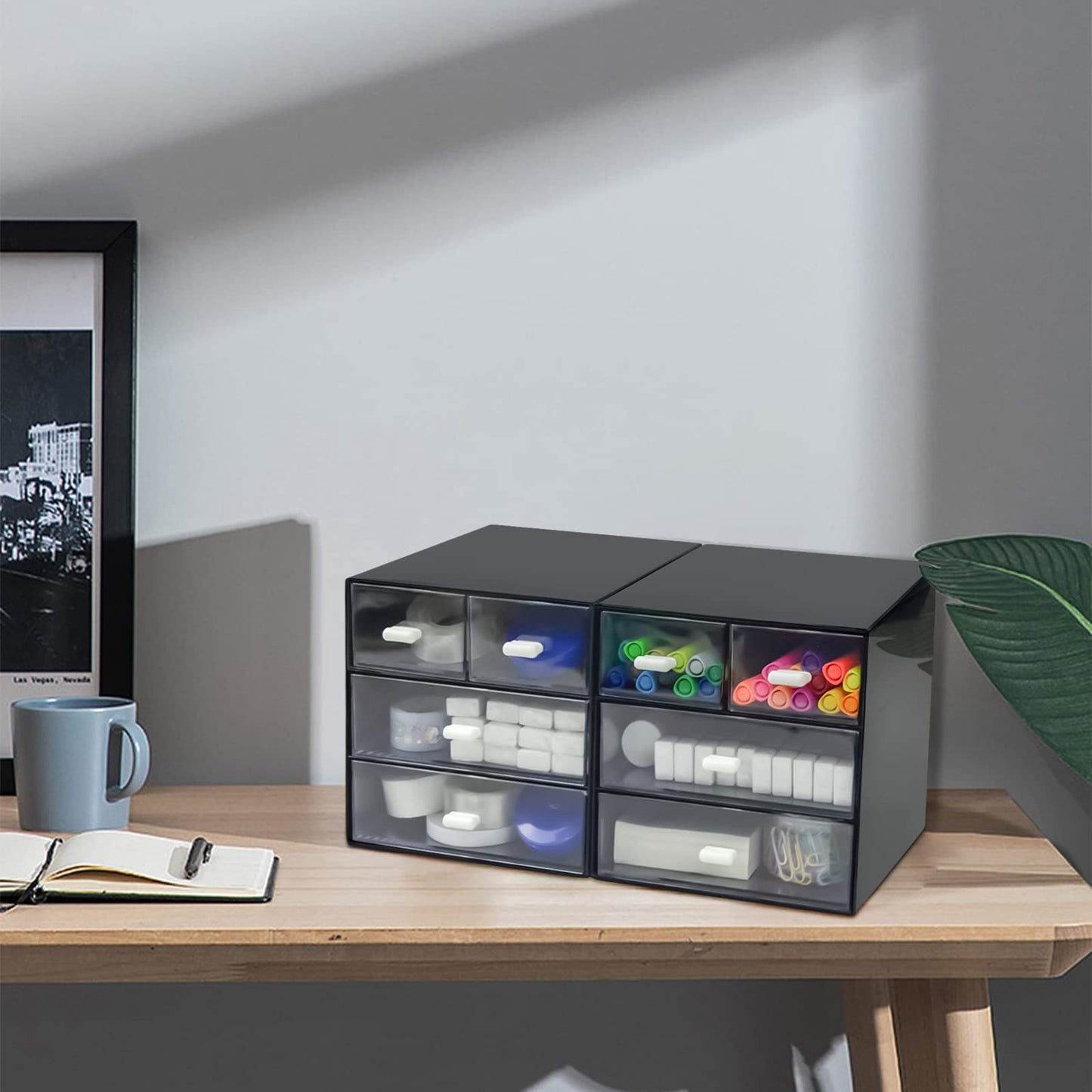 Zuiaso Desk Organizer with Drawer, Desk Storage Box, Plastic Office Stationery Supplies Organizers, Desktop Organizer for Office School Home (4 drawer, Black)
