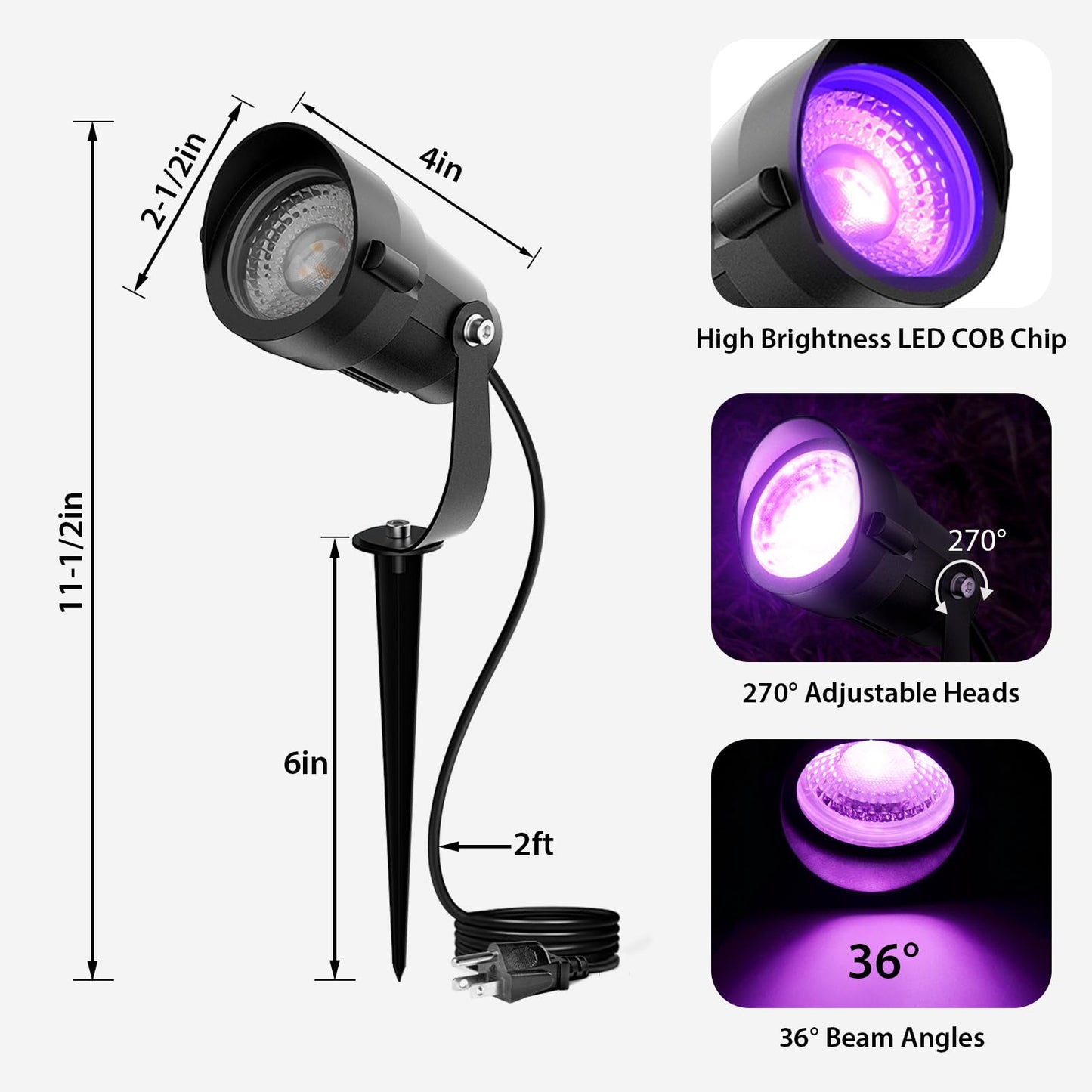 12W LED Black Light Outdoor UV Spotlight, IP65 Waterproof Blacklight Spot Lights, 385-400nm, Plug-in Landscape Lighting with US Plug for Glow Party Body Paint Fluorescent Poster Neon Decor (2 Pack)