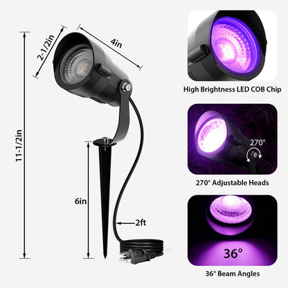 12W LED Black Light Outdoor UV Spotlight, IP65 Waterproof Blacklight Spot Lights, 385-400nm, Plug-in Landscape Lighting with US Plug for Glow Party Body Paint Fluorescent Poster Neon Decor (2 Pack)