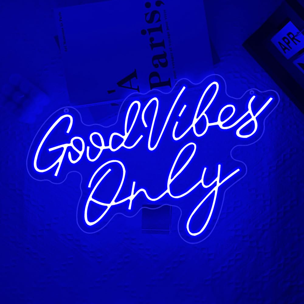 Good Vibes Only Neon Signs,Adjustable Brightness Blue Good Vibes Only LED Signs for Wall Decor, Cool Neon Lights Letters Light up Signs for Bedroom,Bar,Party, Salon Birthday,Christmas Gifts