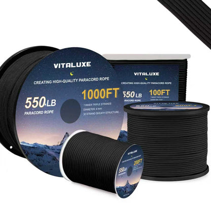 VITALUXE Paracord 550, 4mm, 7 Triple Strands, 200FT, Black