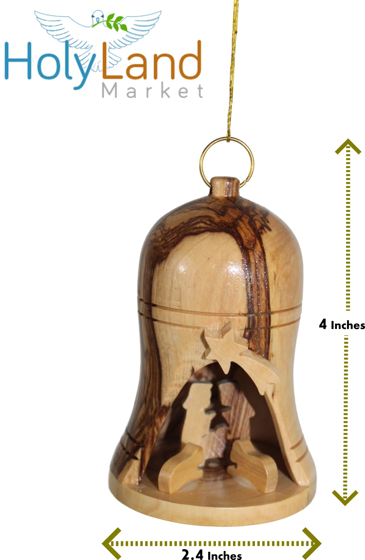Holy Land Market Olive Wood Nativity Ornament - Large Bell with Nativity Scene, Handmade Christmas Decoration from Bethlehem (4", 1)