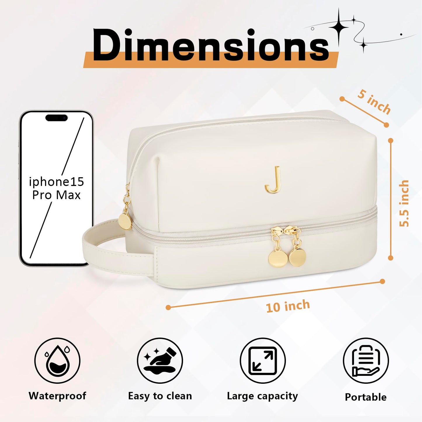 CLOUDWINGS Initial Makeup Bag for Women - Personalized Double Layer Cosmetic Bags with Makeup Brush Organizer, Hanging Travel Toiletry Bag with Large Capacity, Gifts for Mom Girlfriend Wife（Beige J）