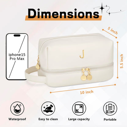 CLOUDWINGS Initial Makeup Bag for Women - Personalized Double Layer Cosmetic Bags with Makeup Brush Organizer, Hanging Travel Toiletry Bag with Large Capacity, Gifts for Mom Girlfriend Wife（Beige J）