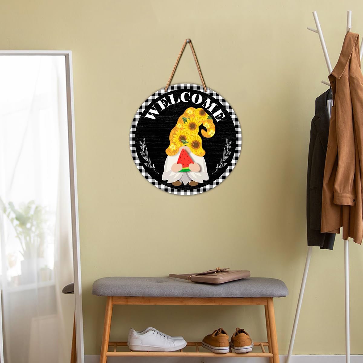 Interchangeable Gnome Welcome Sign Summer Patriotic 4th of July Porch Decor, Changeable Wood Gnomes Front Door Decoration Wreath Hanger for Spring Fall Winter All Seasons Holiday, Black Checkered