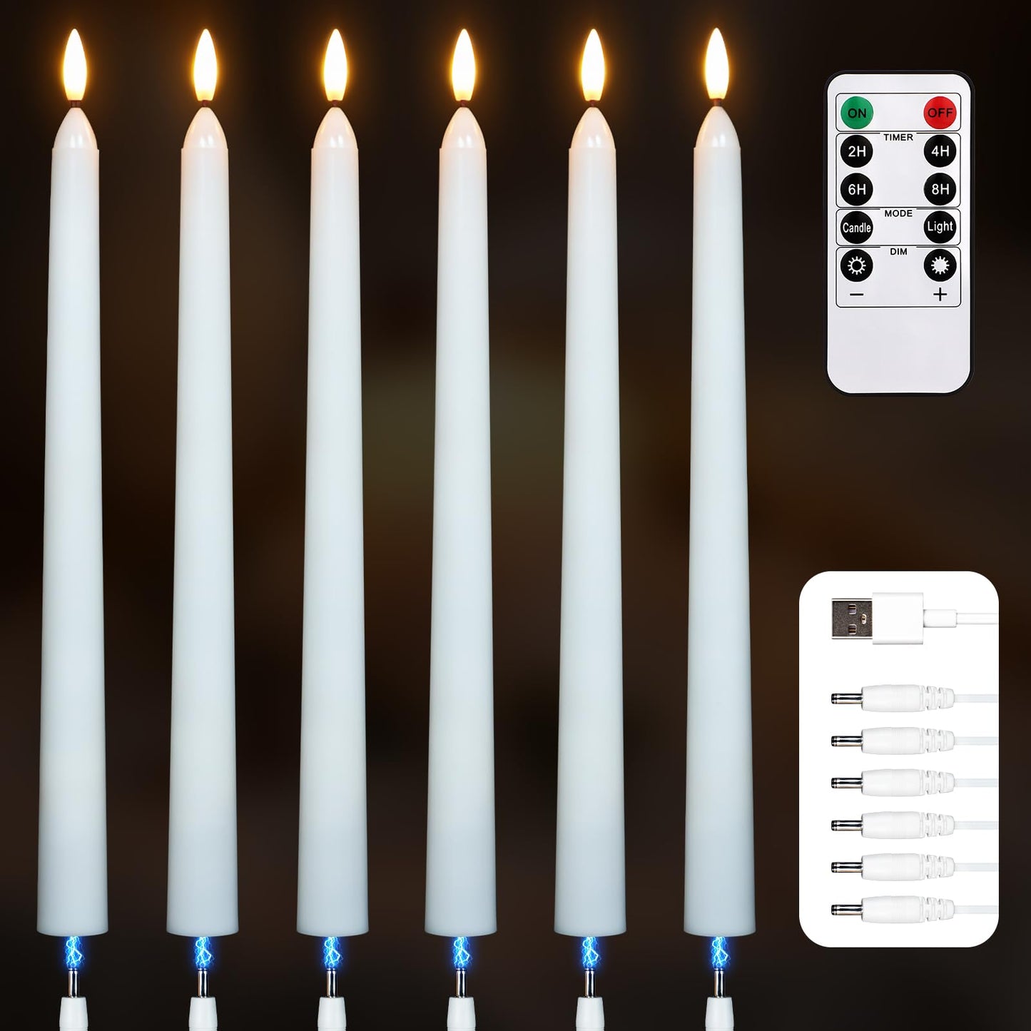 FPOO 6 Pack Rechargeable Taper Candles with USB Cable, 200+ Hours Use, Fast Charge, LED Flameless Candlesticks with Remote Timer for Home Wedding Christmas Window Party Decor