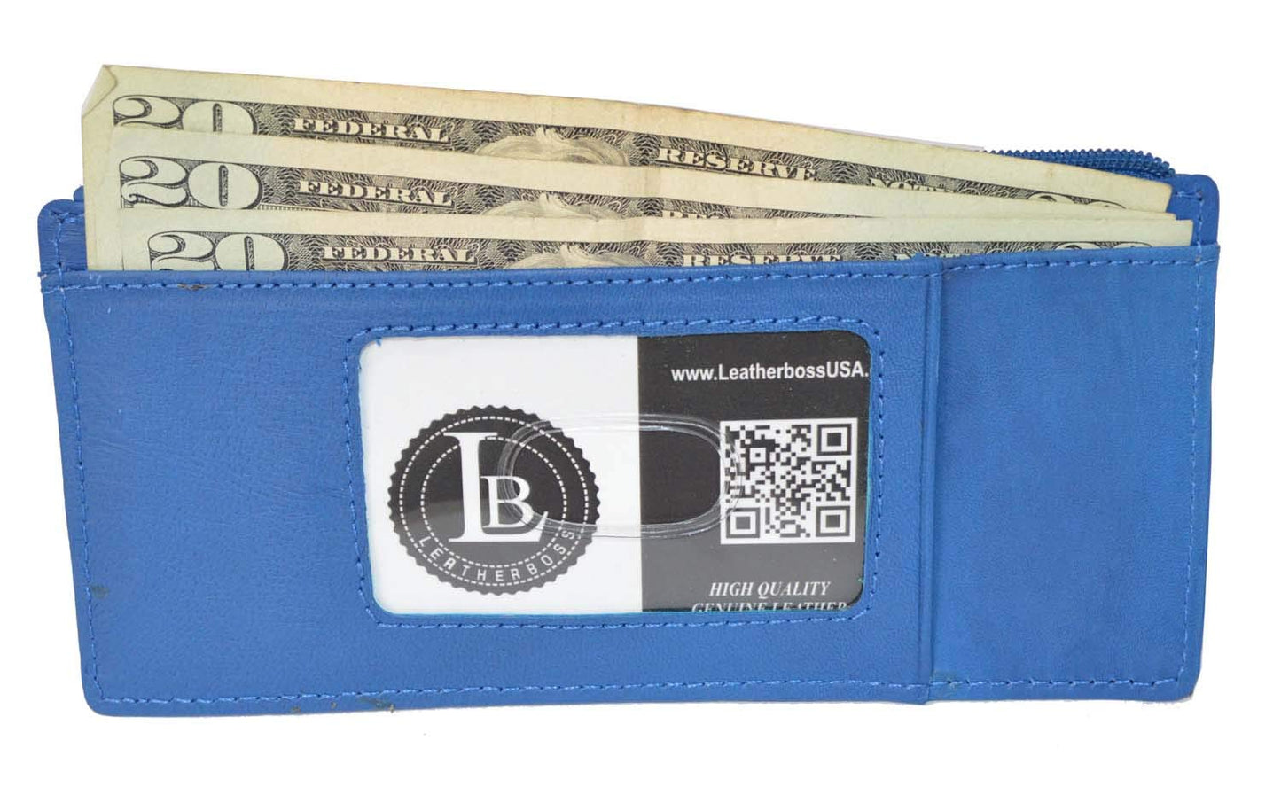 Leatherboss Genuine Leather Women's All in One Credit Business Card Case Holder Slim Zipper Wallet With a Card Protection Strap, Royal Blue