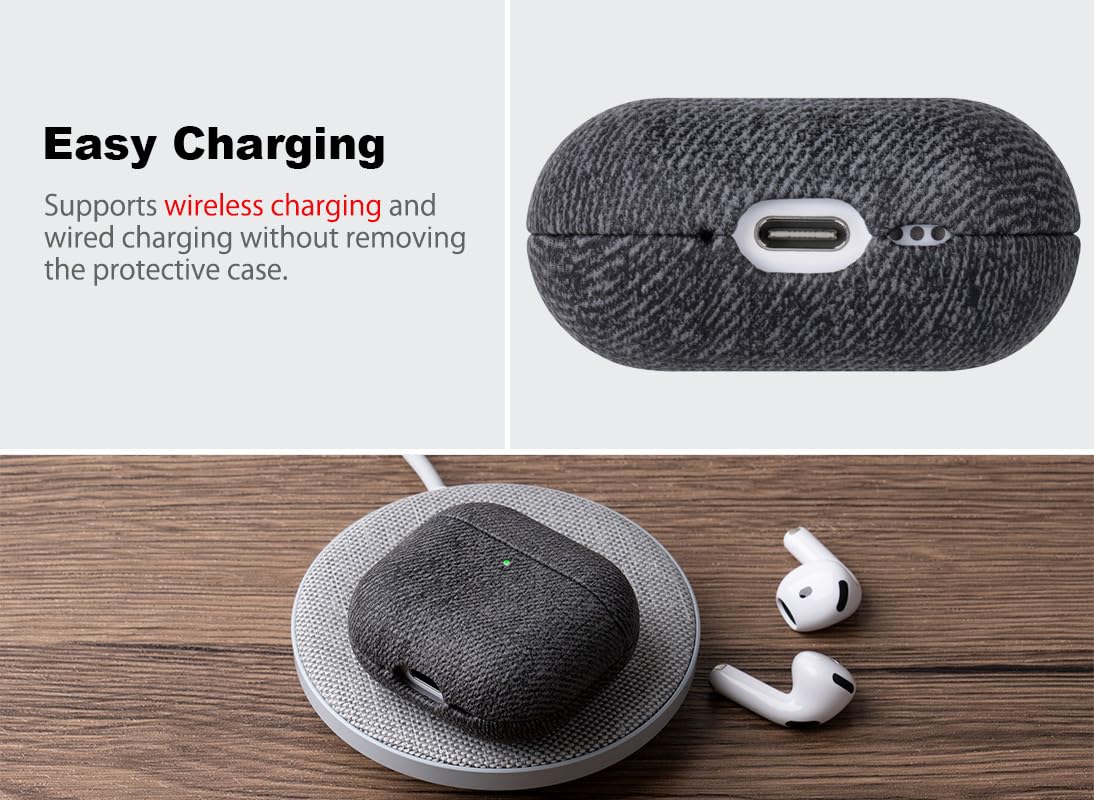 Haobobro Handmade Case - for AirPods 4 Case Cover - Selected Skin-Friendly Vegan Leather, Woolen Fabric Cloth Style, Drop Protective Hard Cover for AirPods 4th Generation Earbuds - Black