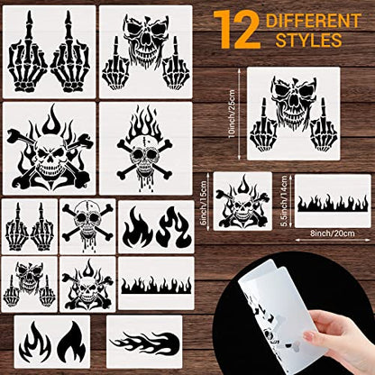 12 Pieces Skull Stencil Flame Stencil Fire Skull Stencils for Airbrushing Reusable Airbrush Flame Template Painting Decor Laser Cut Reusable Templates for Auto Motorcycle Cloth Wall Art Decor